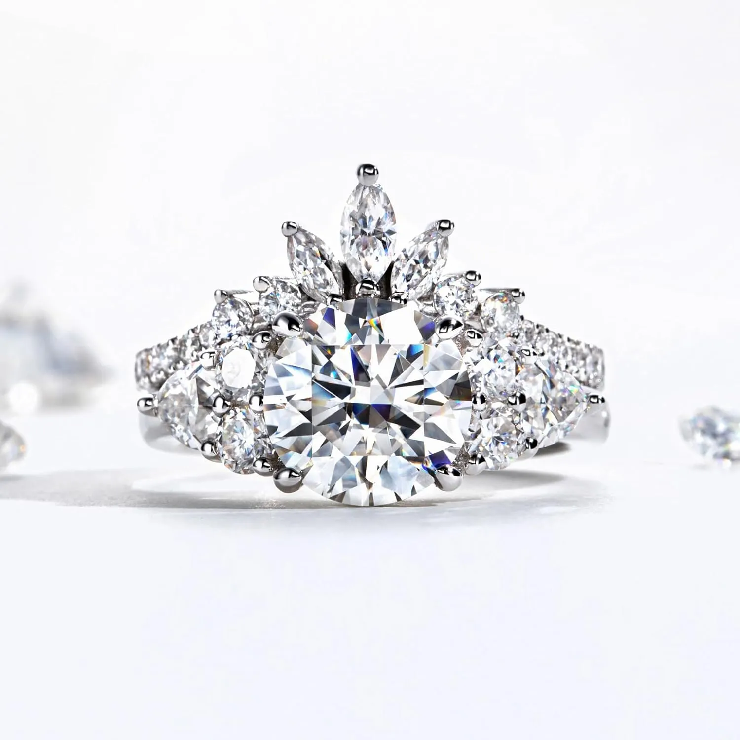 Moissanite Wedding Band D Color Lab Created Diamond S925 Sterling Silver Marquise and Round Cut Moissanite Curved Stackable Anniversary Rings for Women