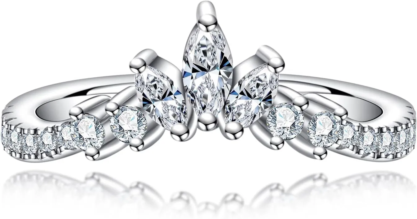 Moissanite Wedding Band D Color Lab Created Diamond S925 Sterling Silver Marquise and Round Cut Moissanite Curved Stackable Anniversary Rings for Women
