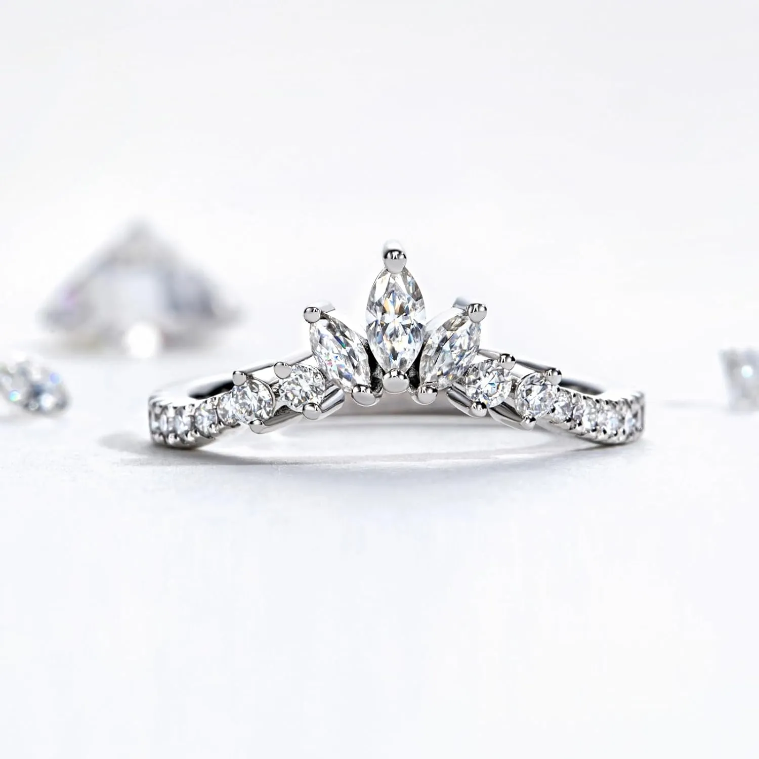 Moissanite Wedding Band D Color Lab Created Diamond S925 Sterling Silver Marquise and Round Cut Moissanite Curved Stackable Anniversary Rings for Women