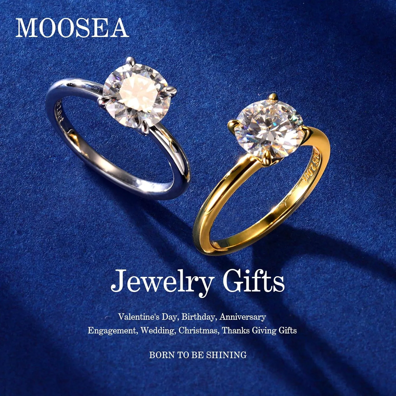 MOOSEA 2CT Moissanite Engagement Rings for Women, Round D Color VVS1 Clarity Lab Created Diamond Rings 14K White Gold Vermeil Solitaire Moissanite Rings for Women Promise Rings for Her Jewelry Gifts