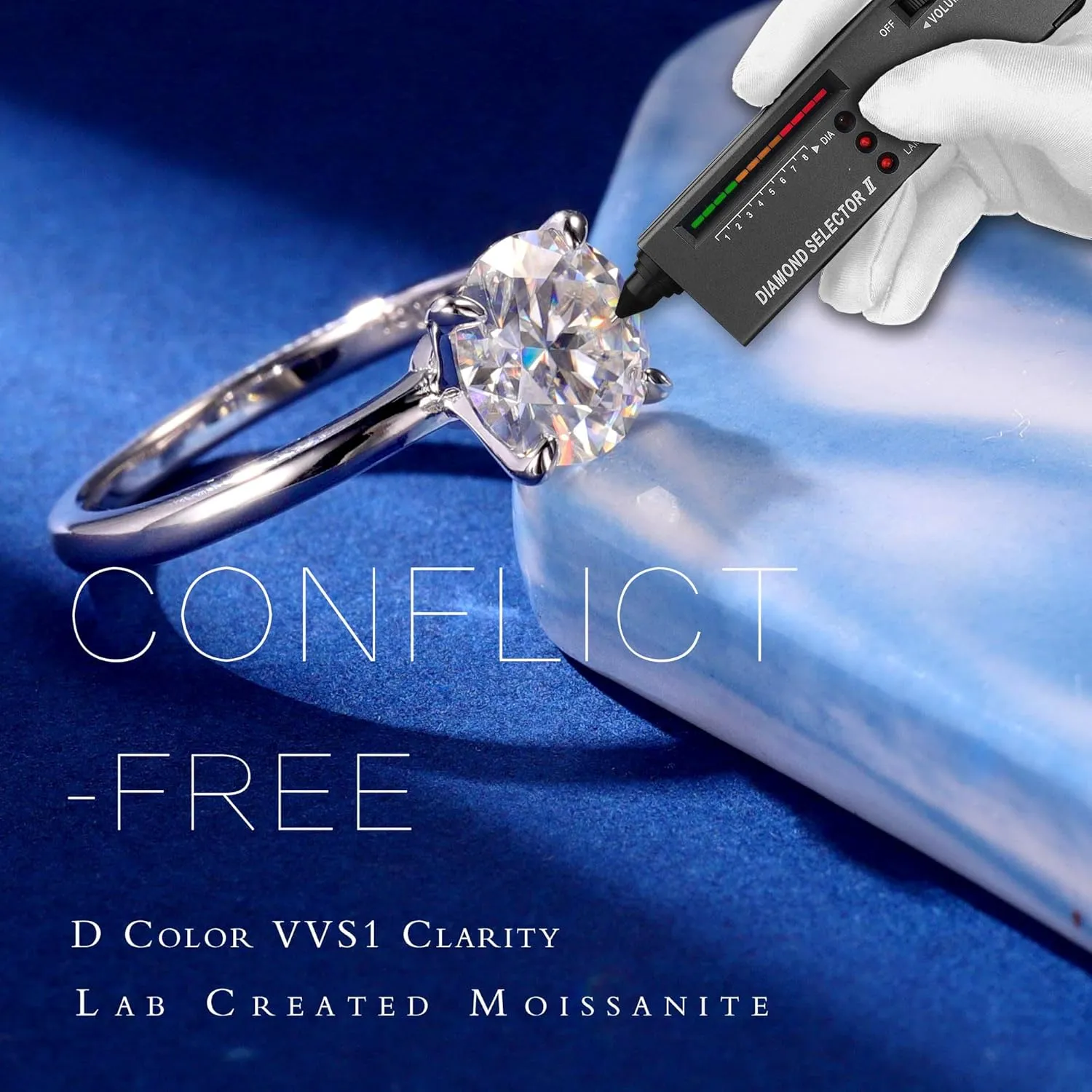 MOOSEA 2CT Moissanite Engagement Rings for Women, Round D Color VVS1 Clarity Lab Created Diamond Rings 14K White Gold Vermeil Solitaire Moissanite Rings for Women Promise Rings for Her Jewelry Gifts