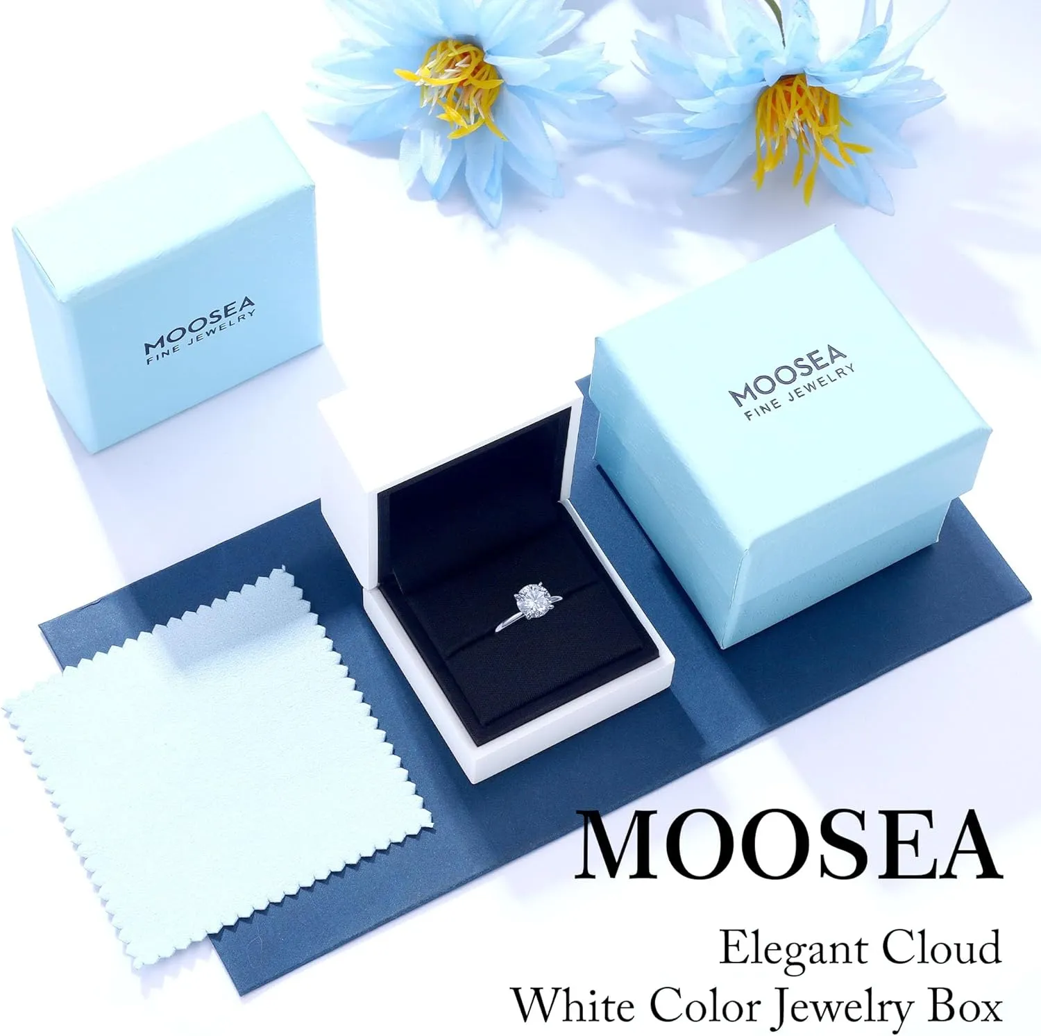 MOOSEA 2CT Moissanite Engagement Rings for Women, Round D Color VVS1 Clarity Lab Created Diamond Rings 14K White Gold Vermeil Solitaire Moissanite Rings for Women Promise Rings for Her Jewelry Gifts