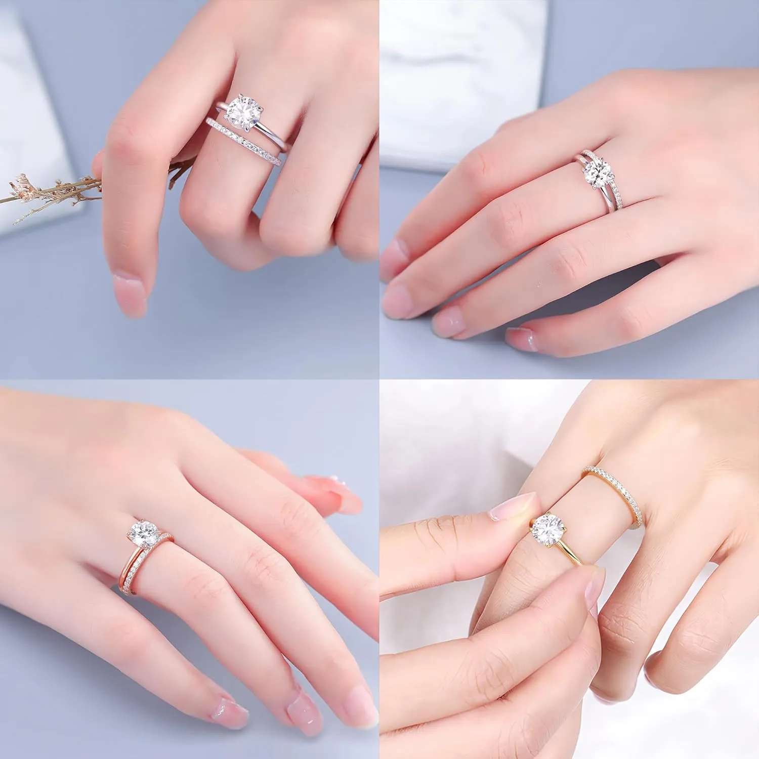 MOOSEA 2CT Moissanite Engagement Rings for Women, Round D Color VVS1 Clarity Lab Created Diamond Rings 14K White Gold Vermeil Solitaire Moissanite Rings for Women Promise Rings for Her Jewelry Gifts
