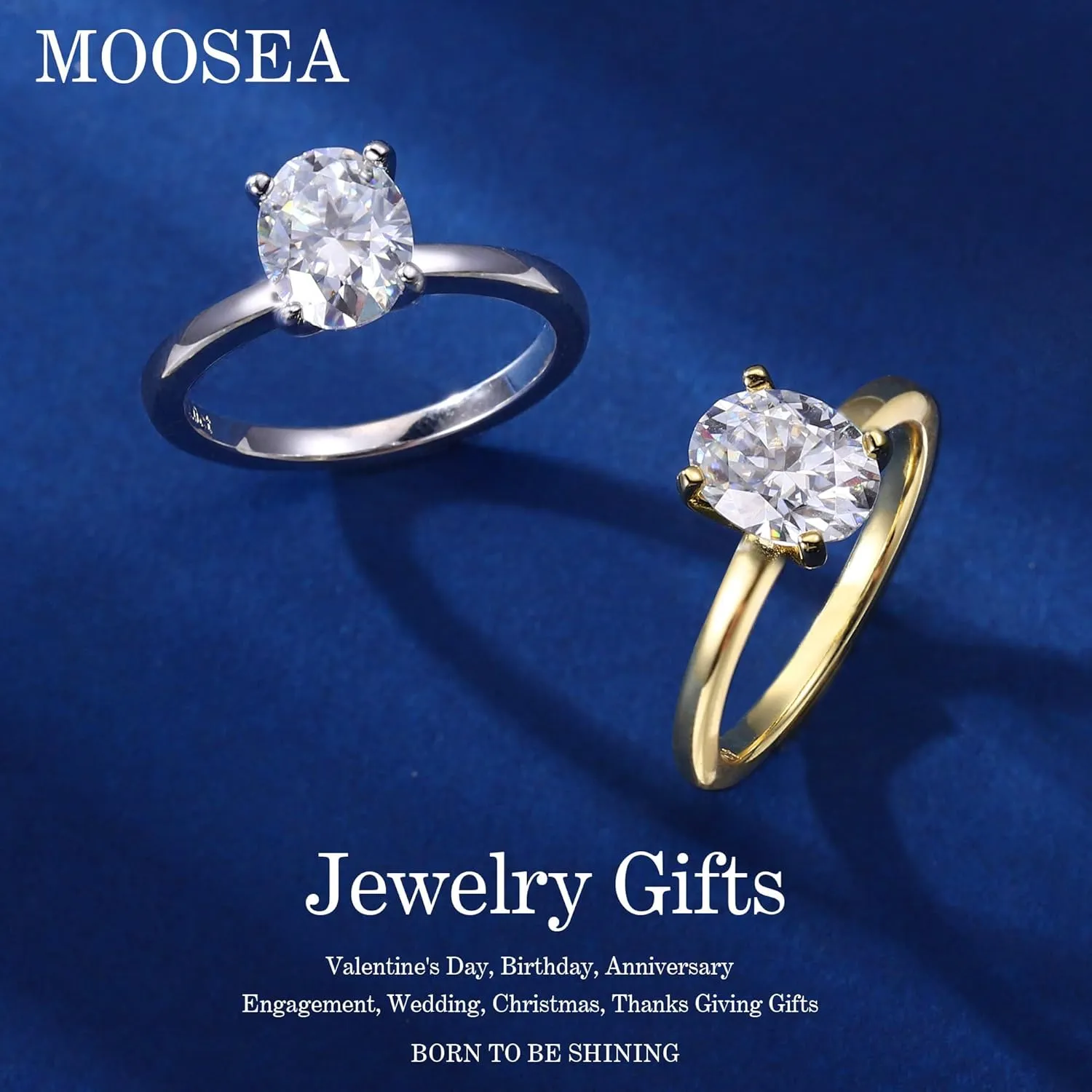 MOOSEA 2ct Oval Moissanite Rings for Women, D Color VVS1 Clarity Lab Created Moissanite Rings 14K White Gold Vermeil 4 Prong Moissanite Engagement Rings for Women Wedding Rings Anniversary Jewelry