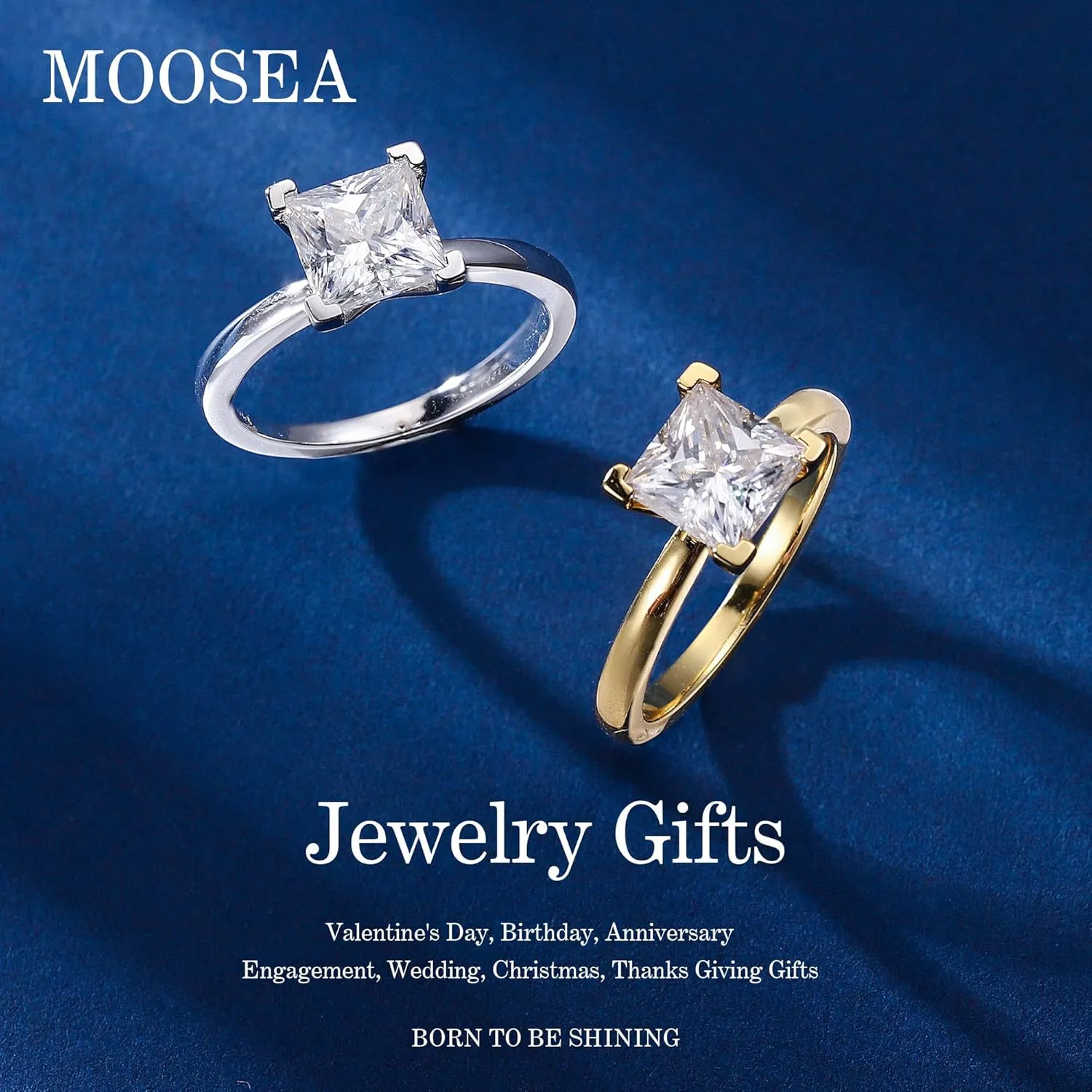 MOOSEA 2ct Princess Cut Moissanite Engagement Rings for Women, D Color VVS1 Clarity Lab Created Diamond Rings 14K White Gold Vermeil V Setting Solitaire Moissanite Engagement Rings