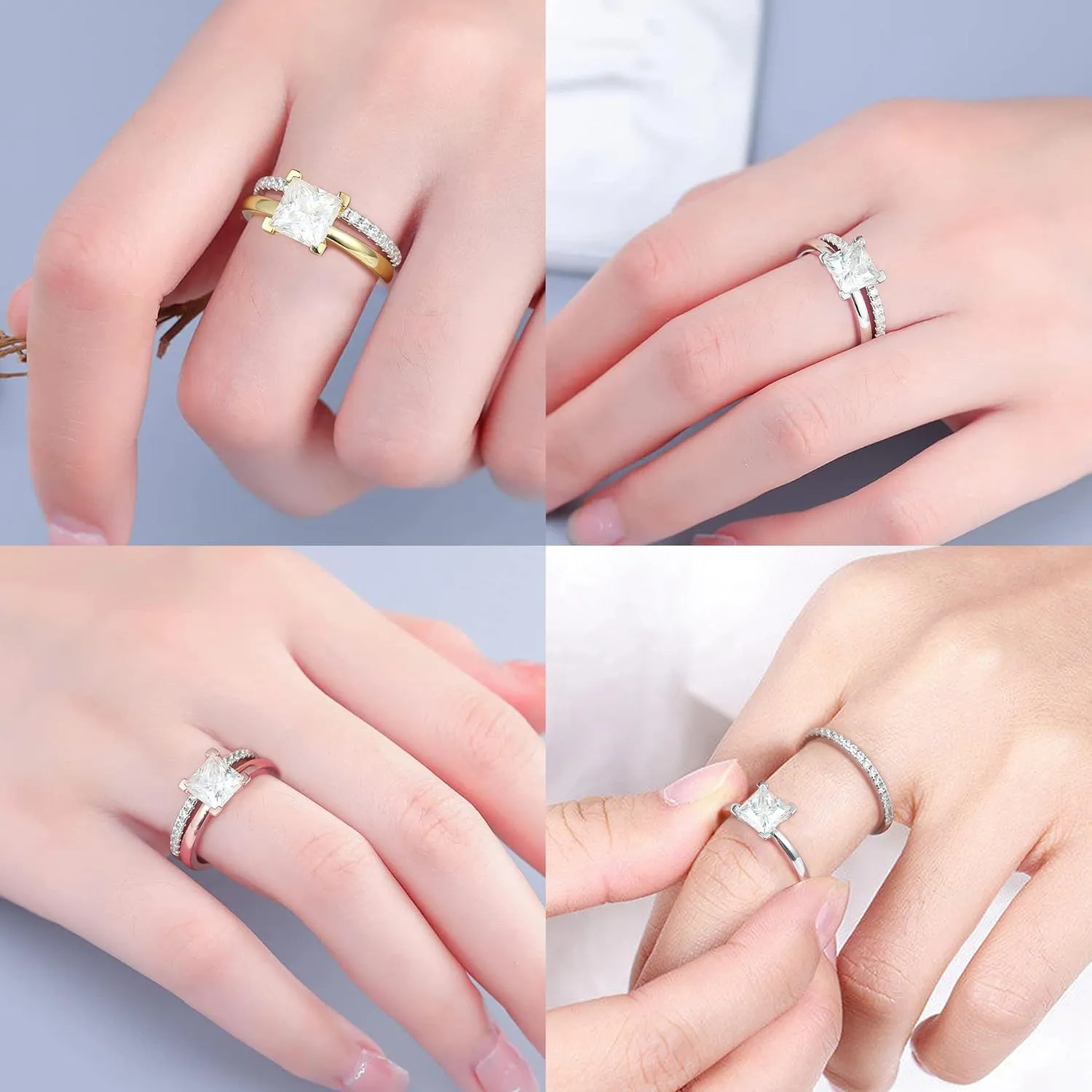 MOOSEA 2ct Princess Cut Moissanite Engagement Rings for Women, D Color VVS1 Clarity Lab Created Diamond Rings 14K White Gold Vermeil V Setting Solitaire Moissanite Engagement Rings