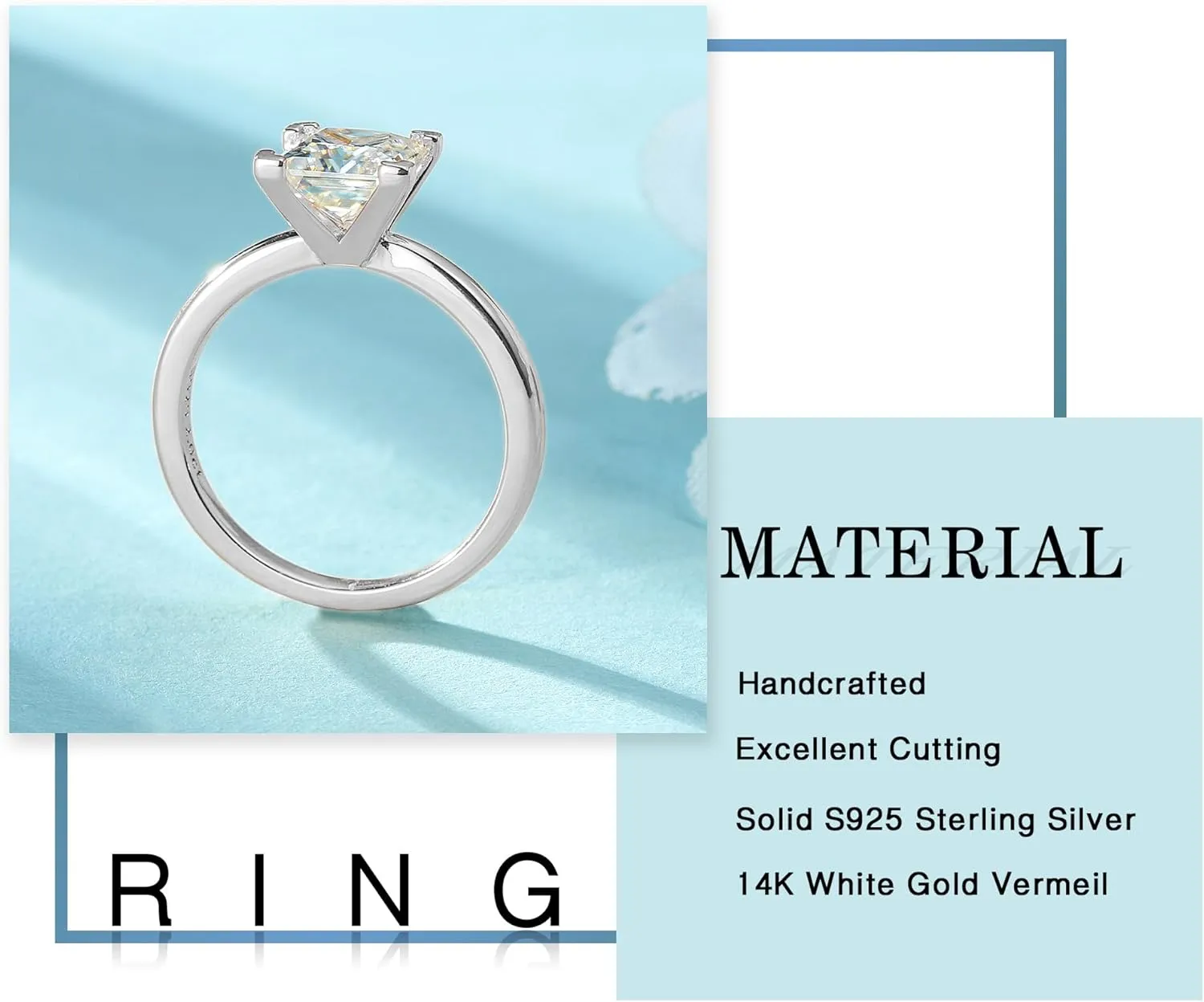 MOOSEA 2ct Princess Cut Moissanite Engagement Rings for Women, D Color VVS1 Clarity Lab Created Diamond Rings 14K White Gold Vermeil V Setting Solitaire Moissanite Engagement Rings