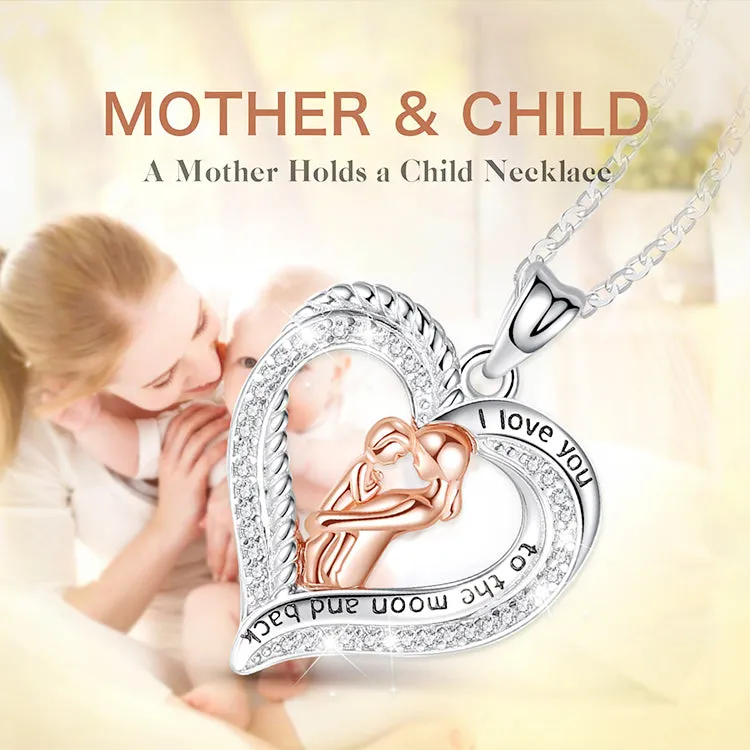 Mother and Baby Rose Gold Necklace Paved-Crystal Heart Pendant Fine Jewelry for Mother's Day gift