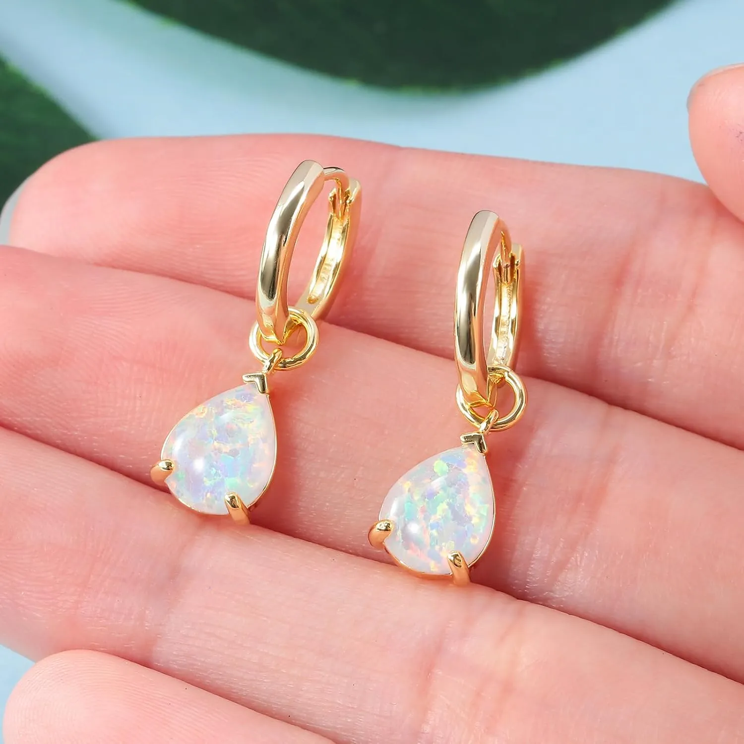 Moverable Drop Dangle Earrings for Women 14K White Gold/Rose Gold Plated Small Huggie Hoop Earring Water Drop Opal Hoops Hypoallergenic Jewelry Gifts