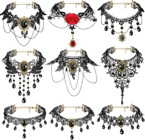 MTLEE 9 Pieces Black Gothic Lace Choker for Women Black Victorian Choker Elegant Retro Necklaces for Girl Punk Party Steampunk Vampire Cosplay Costumes Jewelry