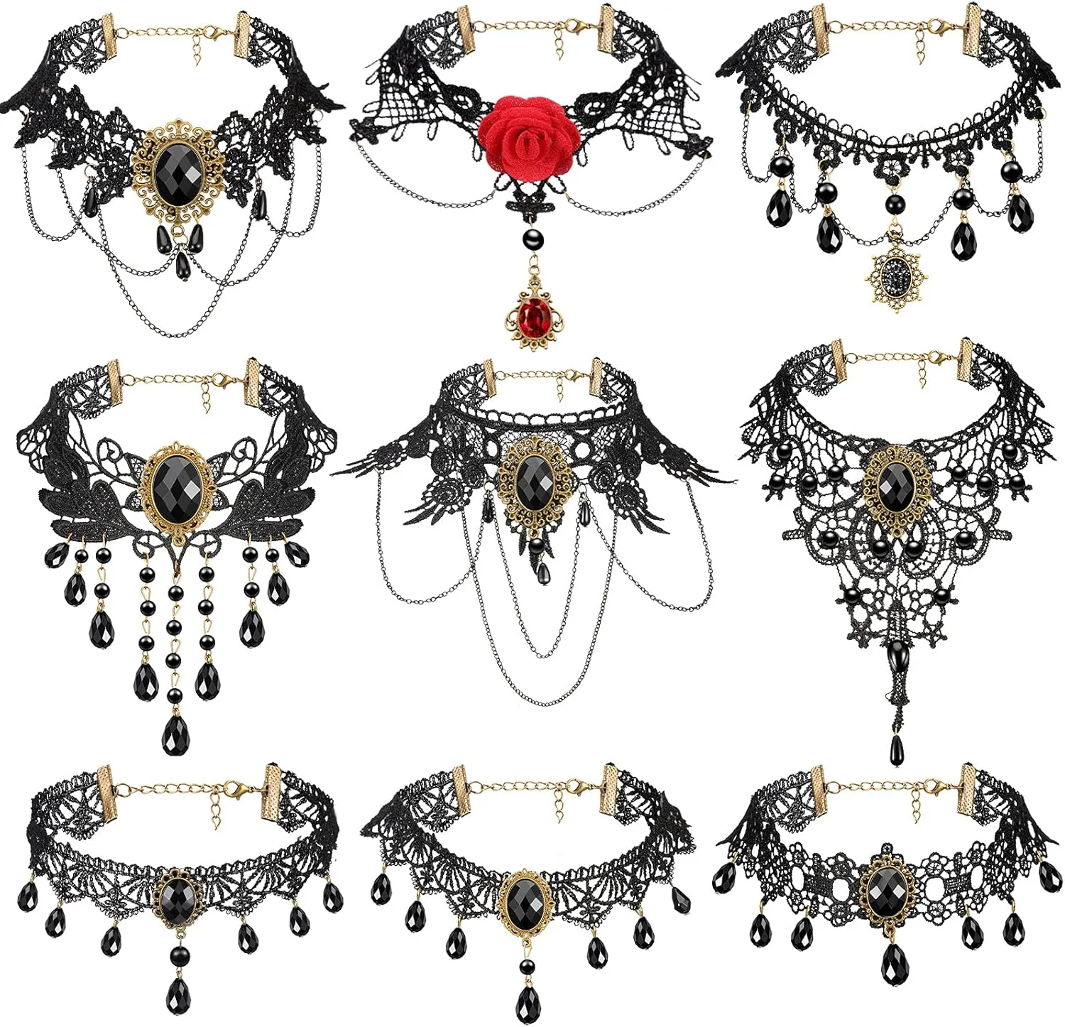 MTLEE 9 Pieces Black Gothic Lace Choker for Women Black Victorian Choker Elegant Retro Necklaces for Girl Punk Party Steampunk Vampire Cosplay Costumes Jewelry