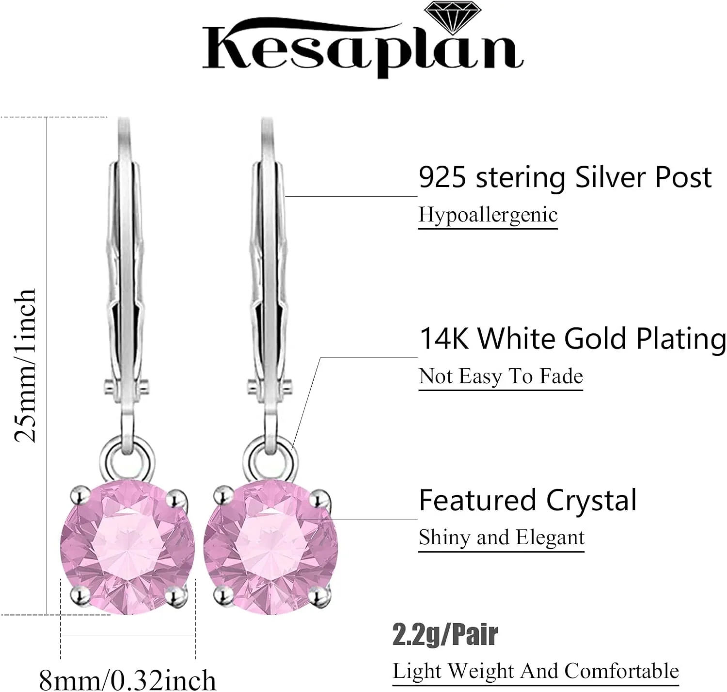 Multicolor Crystal Dangle Earrings and Studs for Women 925 Silver Hypoallergenic Dangle Earrings Leverback Earring