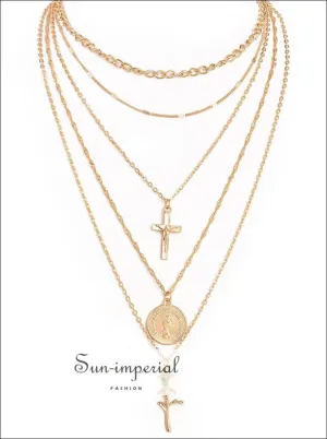 Multiple Layers Cross Necklaces for Women Gold Color Chokers Necklace Boho Charm