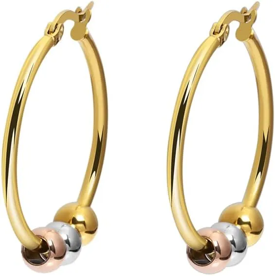My Daily Styles - Trendy Hoop Earrings for Women - Adorned with 3 Bold Metal Ball Beads at the Bottom Hoop - Three Toned Beaded Hoop Earrings - Top Grade Stainless Steel Hoop Earrings for Women