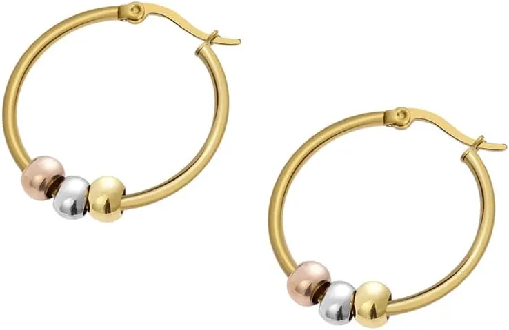 My Daily Styles - Trendy Hoop Earrings for Women - Adorned with 3 Bold Metal Ball Beads at the Bottom Hoop - Three Toned Beaded Hoop Earrings - Top Grade Stainless Steel Hoop Earrings for Women