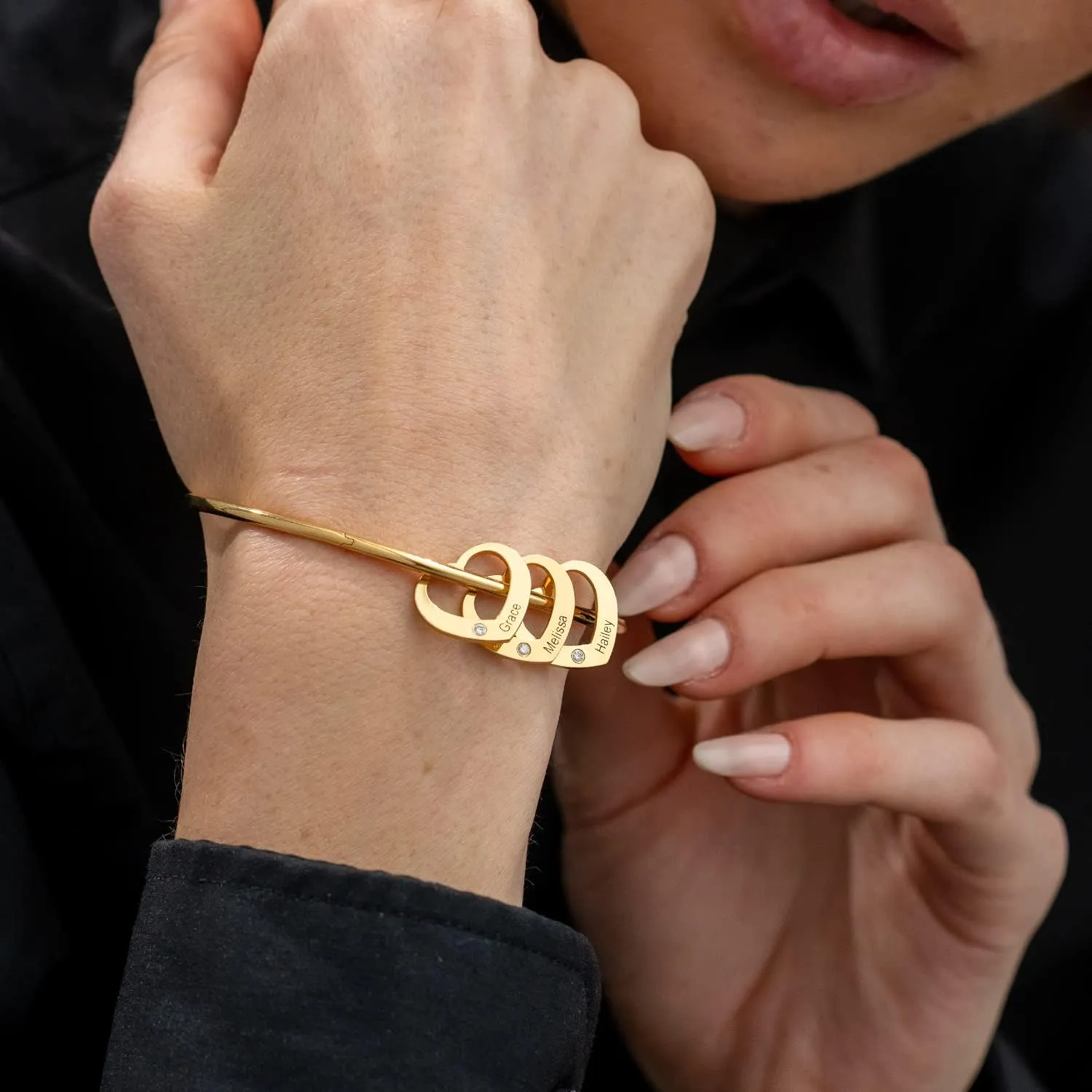 MyNameNecklace Personalized Chelsea Bangle Bracelet with Heart Shaped Pendants - Diamond Option - Up to 12 Engravable Charms - by MYKA