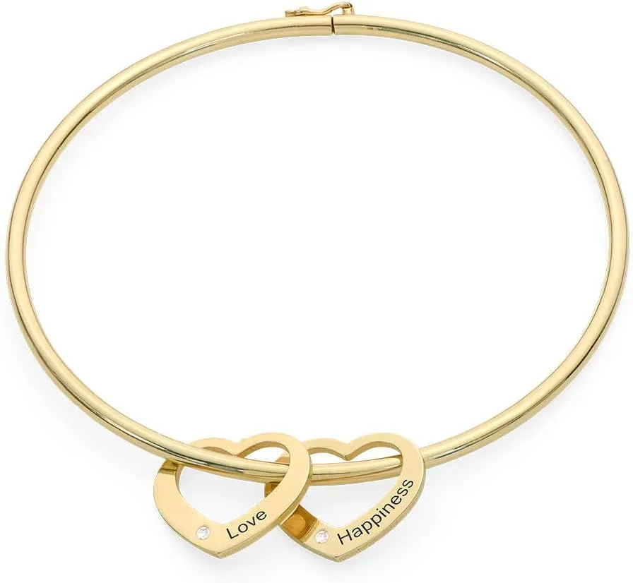 MyNameNecklace Personalized Chelsea Bangle Bracelet with Heart Shaped Pendants - Diamond Option - Up to 12 Engravable Charms - by MYKA