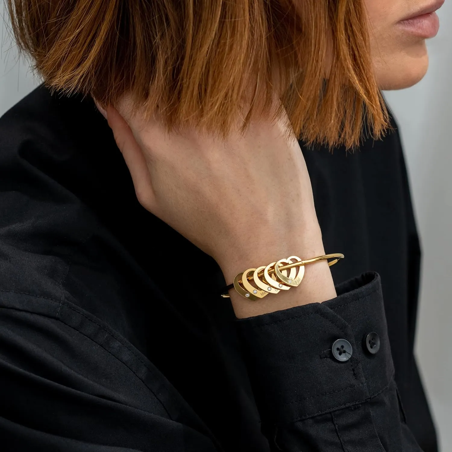MyNameNecklace Personalized Chelsea Bangle Bracelet with Heart Shaped Pendants - Diamond Option - Up to 12 Engravable Charms - by MYKA
