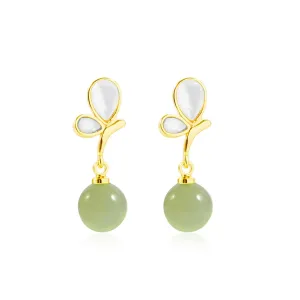 Natural Hetian Jade & Butterfly Pendant Gold Earrings for Women, Green Jade Charm, Lucky Stud Earrings Jewelry Anniversary Gift for Mom Christmas Gifts (925 Sterling Silver with Gold Plated)