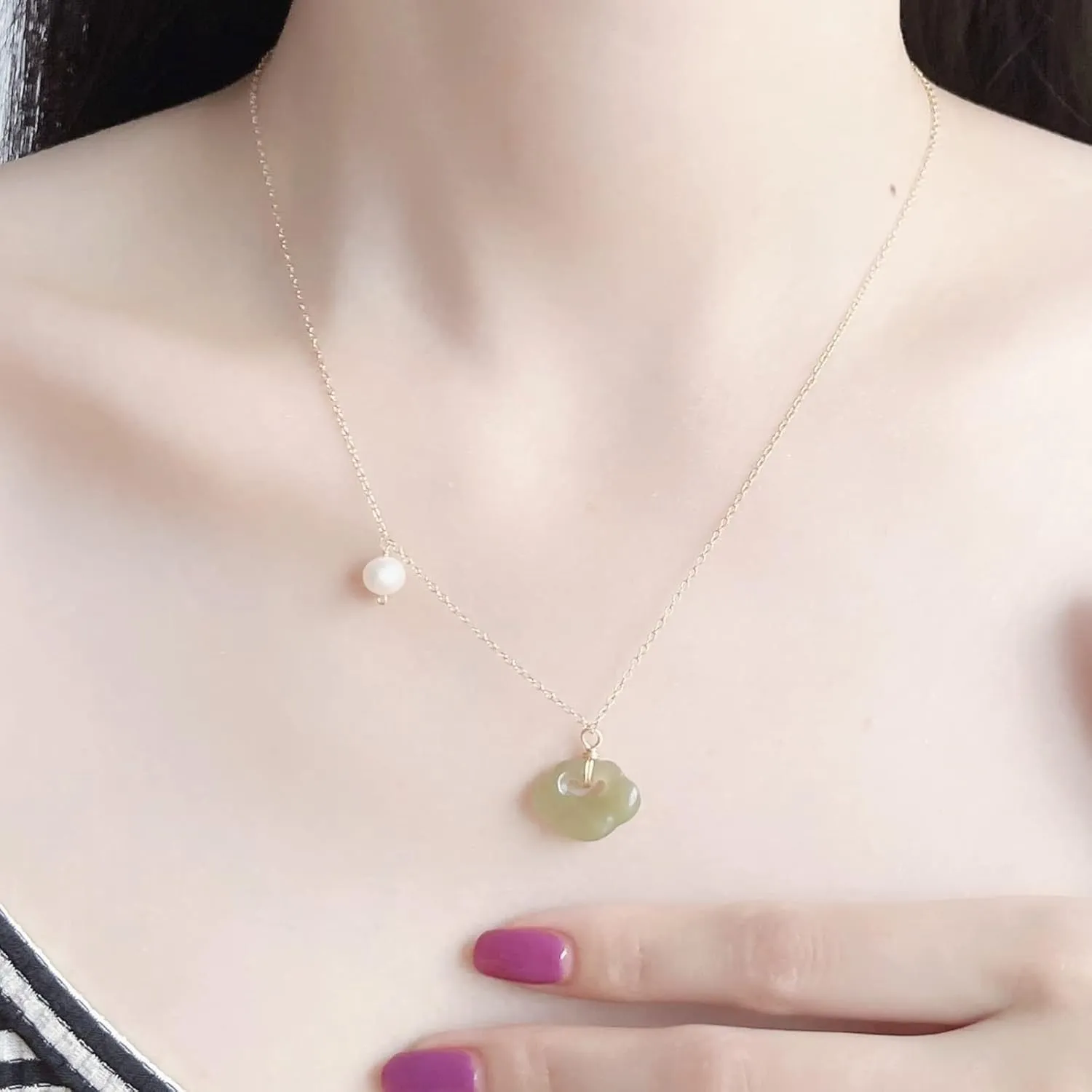 Natural Hetian Jade & Pearls Necklaces for Women, Dainty Dumpling Ruyi Charm Jade Pendant for Women, Lucky Green Jade Jewelry Chain for Women Lover (14K Gold Filled)