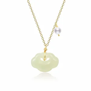 Natural Hetian Jade & Pearls Necklaces for Women, Dainty Dumpling Ruyi Charm Jade Pendant for Women, Lucky Green Jade Jewelry Chain for Women Lover (14K Gold Filled)