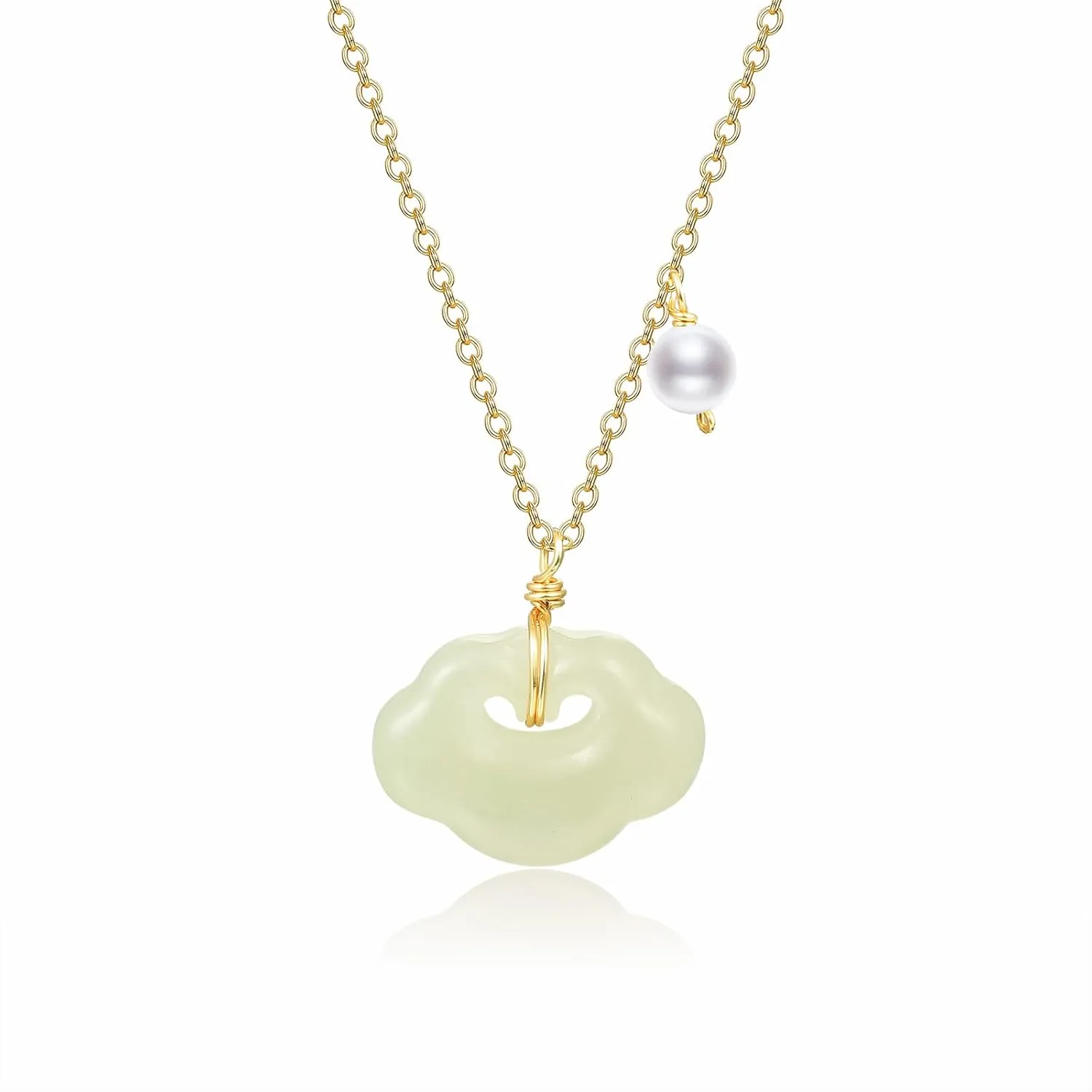 Natural Hetian Jade & Pearls Necklaces for Women, Dainty Dumpling Ruyi Charm Jade Pendant for Women, Lucky Green Jade Jewelry Chain for Women Lover (925 Sterling Silver with Gold Plated)