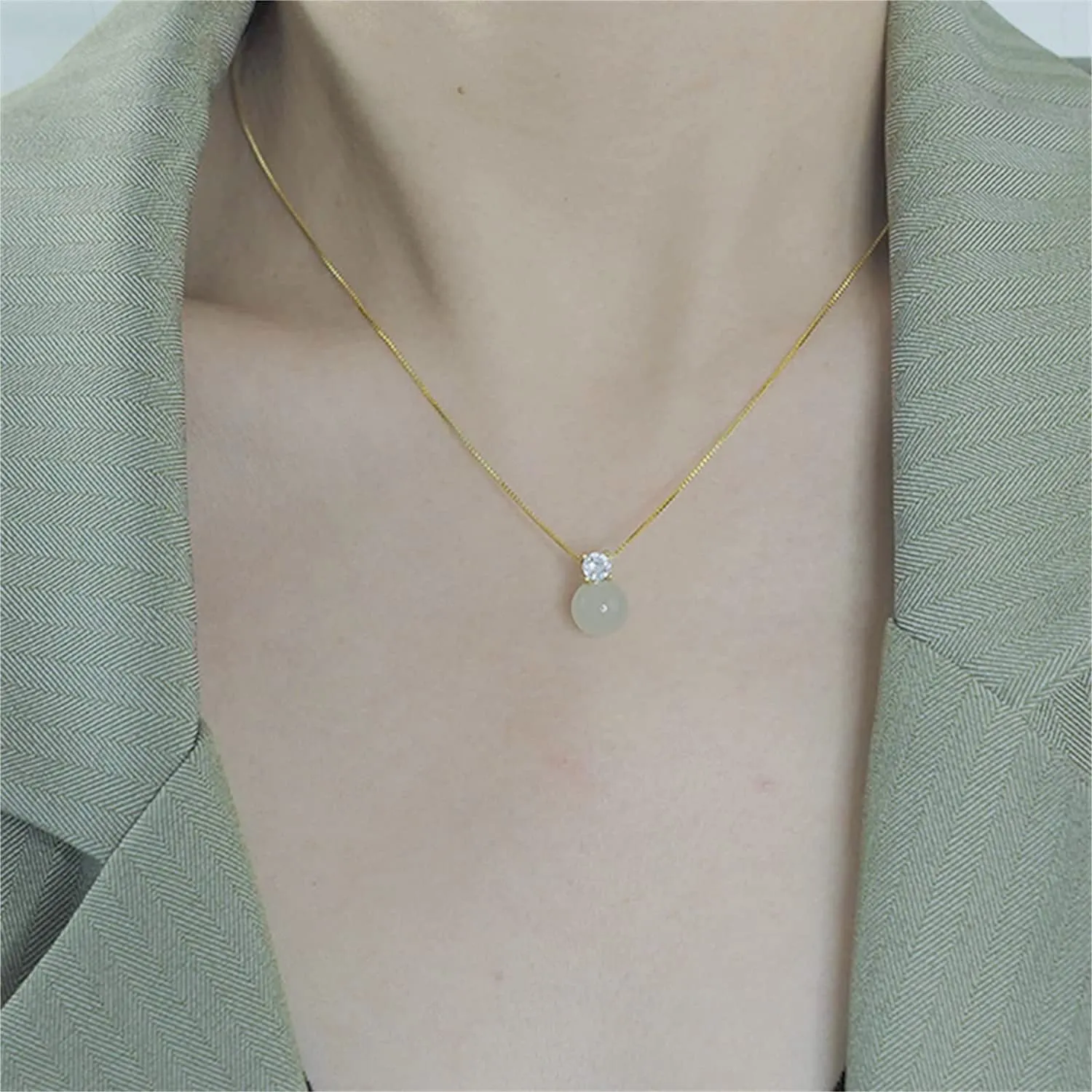 Natural Hetian Jade & Zircon Necklaces for Women, Dainty Green Jade Pendant for Women, Lucky Green Jade Elegant Jewelry Chain Gift for Mom Lover Her (925 Sterling Silver with Gold Plated)