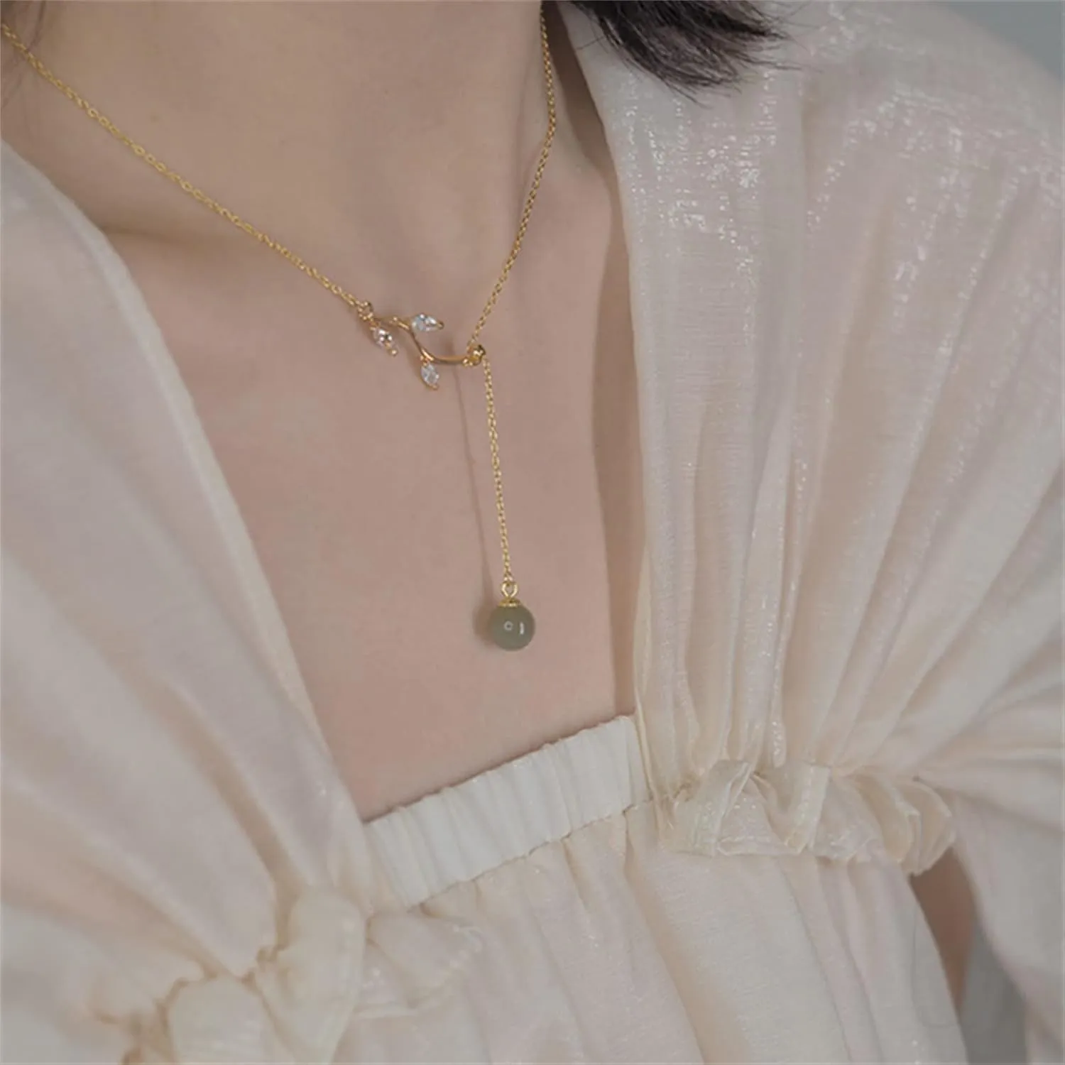 Natural Hetian Jade & Zircon Necklaces for Women, Leaf Charm Jade Pendant for Women, Lucky Green Jade Jewelry Chain for Women Lover Her (925 Sterling Silver with Gold Plated)