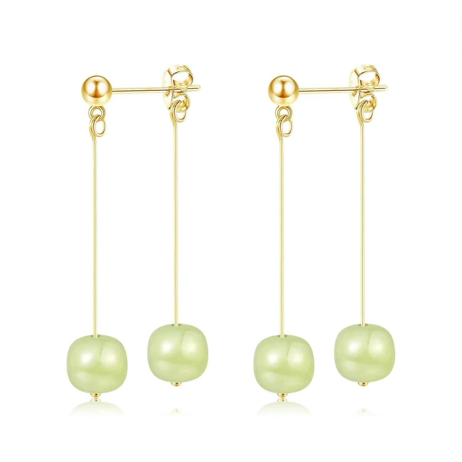 Natural Hetian Jade Bead Earrings, Lucky Green Jade, Dainty Green Real Jade Charm Pendant Jewelry Studs, Handmade Earrings Stud Hoop Earrings for Women (925 Sterling Silver with Gold Plated)