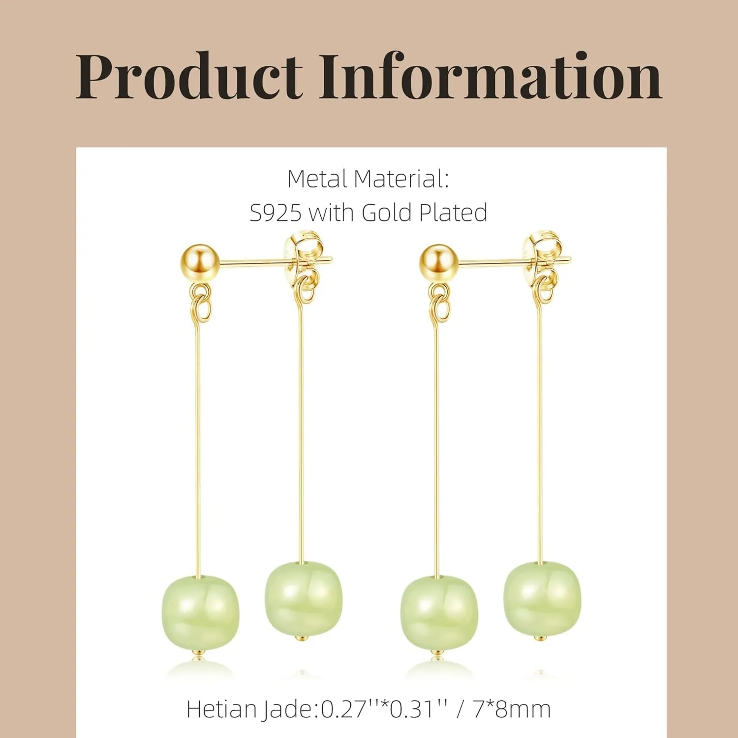 Natural Hetian Jade Bead Earrings, Lucky Green Jade, Dainty Green Real Jade Charm Pendant Jewelry Studs, Handmade Earrings Stud Hoop Earrings for Women (925 Sterling Silver with Gold Plated)