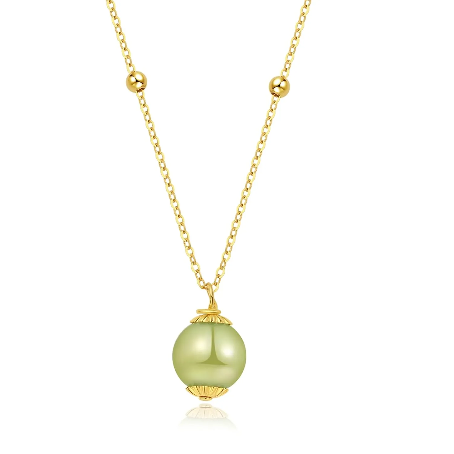Natural Hetian Jade Bead Necklace, Green Jade & Gold Beads Choker, Adjustable Choker Necklaces, Good Luck Gift for Friends, Mother (925 Sterling Silver with Gold Plated)
