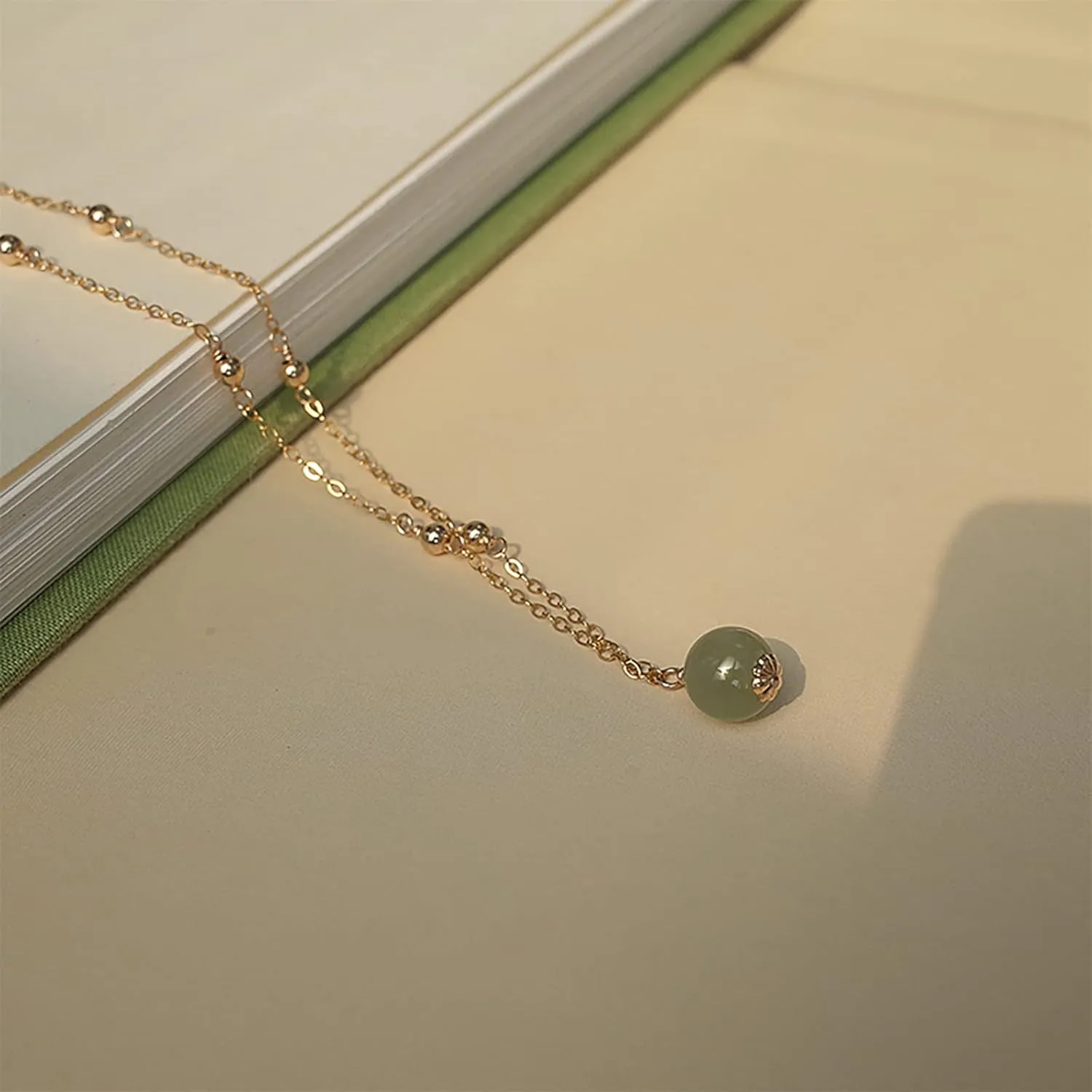 Natural Hetian Jade Bead Necklace, Green Jade & Gold Beads Choker, Adjustable Choker Necklaces, Good Luck Gift for Friends Mother Lover Her (14K Gold Filled)
