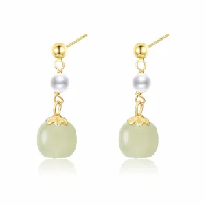 Natural Hetian Jade Earrings Studs, Green Jade, Dainty Green Real Jade Charm Pendant Jewelry Studs, Handmade Ear Stud Earrings Hoop Earrings for Women (925 Sterling Silver with Gold Plated)