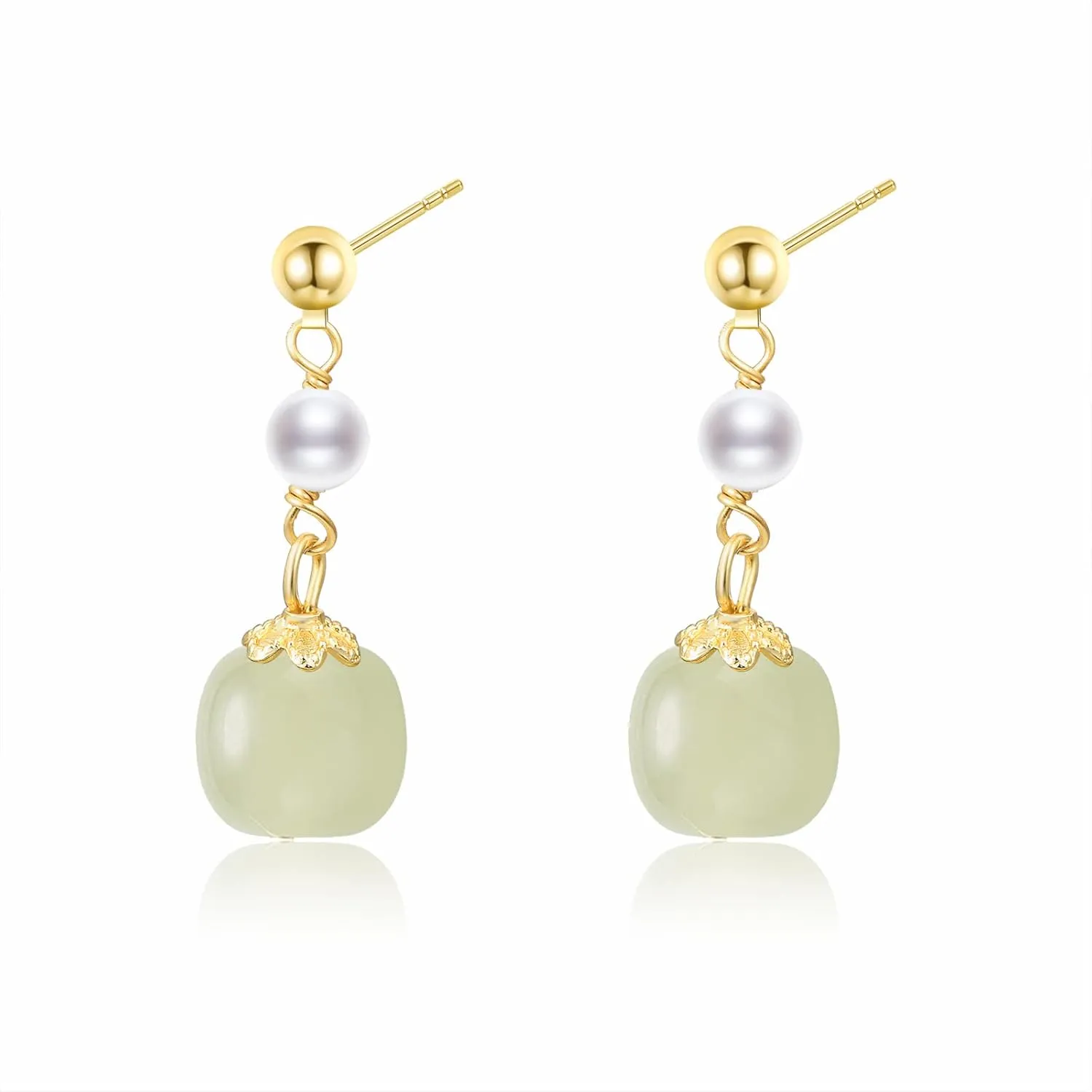Natural Hetian Jade Earrings Studs, Green Jade, Dainty Green Real Jade Charm Pendant Jewelry Studs, Handmade Ear Stud Earrings Hoop Earrings for Women (925 Sterling Silver with Gold Plated)