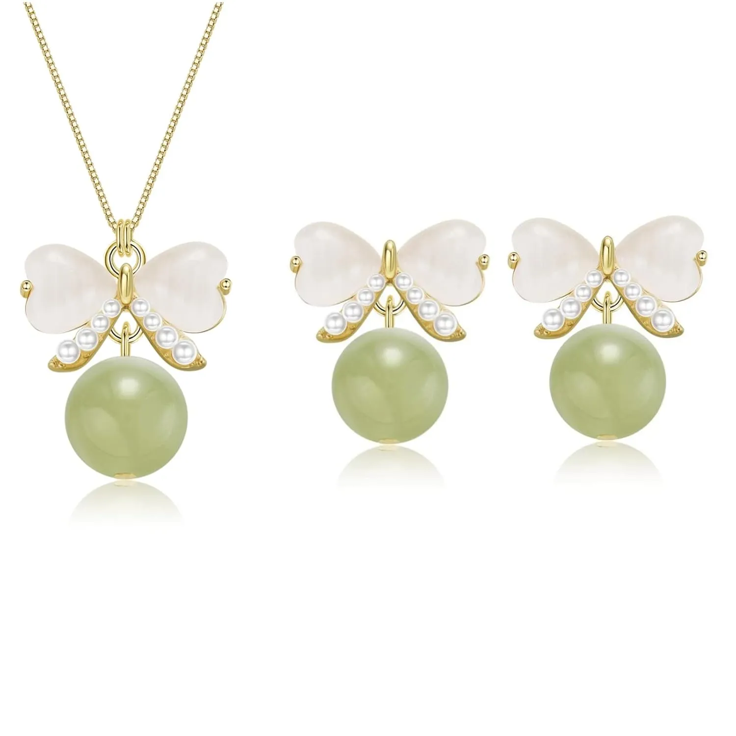 Natural Hetian Jade Jewelry Set for Women, Dainty Lucky Green Jade Bow Charm Stud Earrings Adjustable Choker Chain, Handmade Matching Necklace Earrings (925 Sterling Silver with Gold Plated)