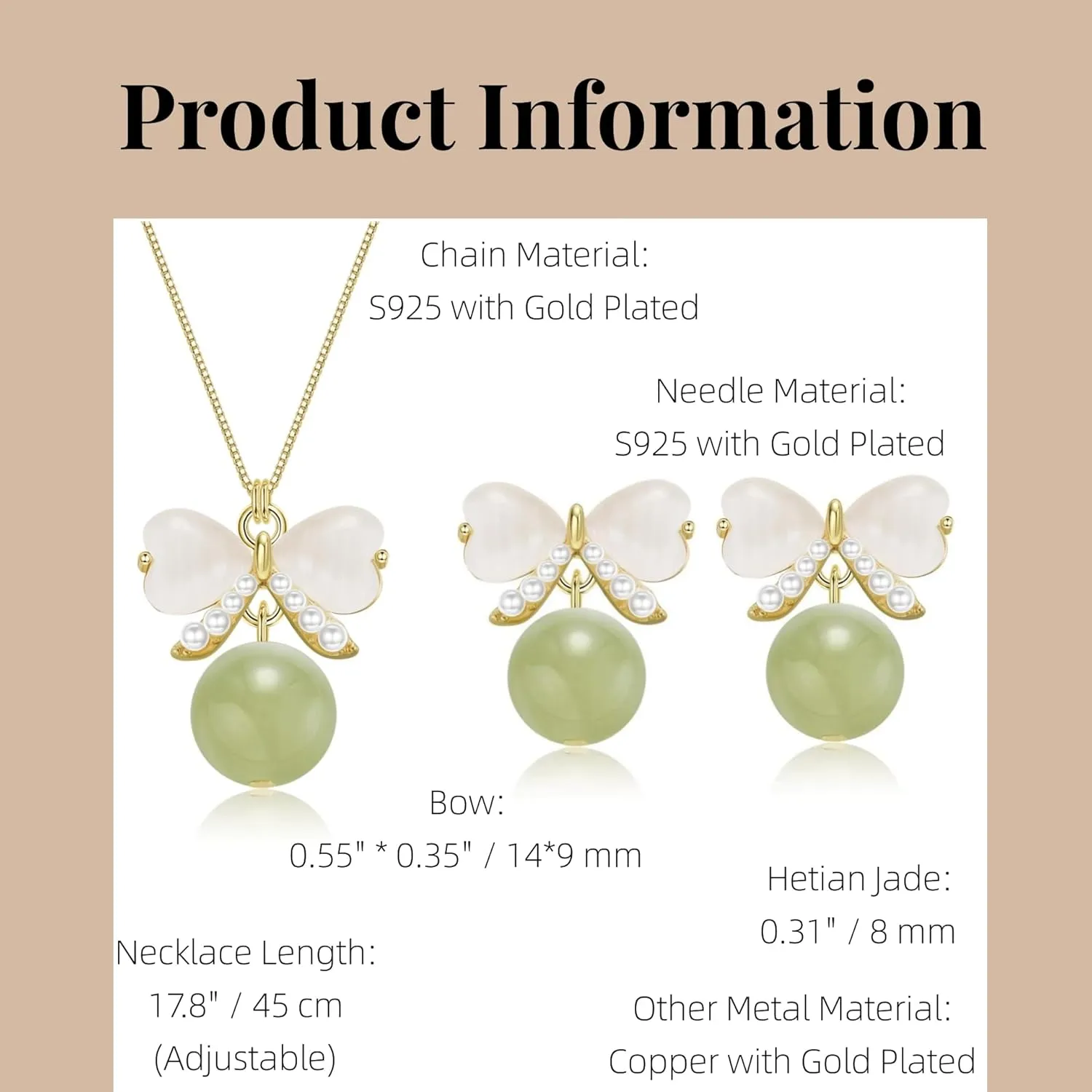 Natural Hetian Jade Jewelry Set for Women, Dainty Lucky Green Jade Bow Charm Stud Earrings Adjustable Choker Chain, Handmade Matching Necklace Earrings (925 Sterling Silver with Gold Plated)