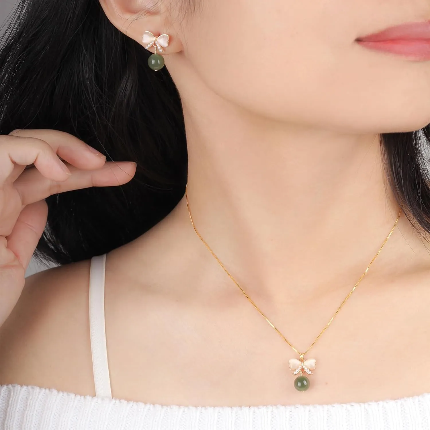 Natural Hetian Jade Jewelry Set for Women, Dainty Lucky Green Jade Bow Charm Stud Earrings Adjustable Choker Chain, Handmade Matching Necklace Earrings (925 Sterling Silver with Gold Plated)