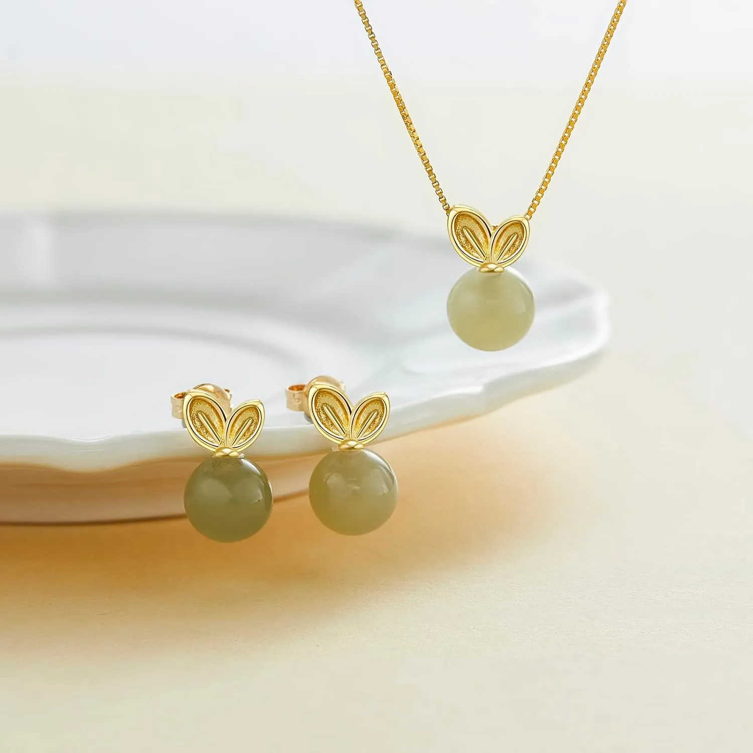 Natural Hetian Jade Jewelry Set for Women, Lucky Green Jade Gold Rabbit Charm Pendant Necklace Stud Earrings, Handmade Chain Jewelry for Mom Lover Her (925 Sterling Silver with Gold Plated)