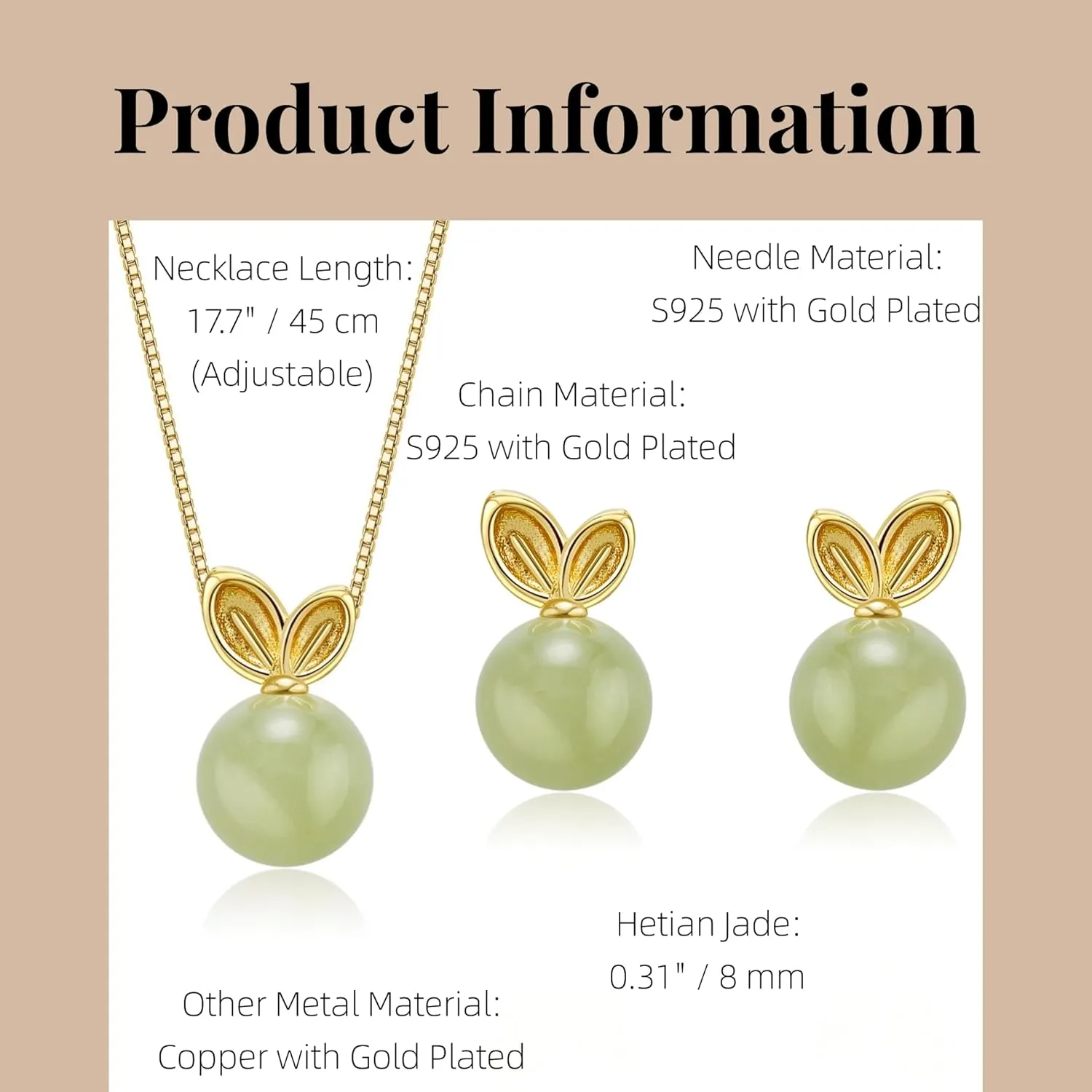 Natural Hetian Jade Jewelry Set for Women, Lucky Green Jade Gold Rabbit Charm Pendant Necklace Stud Earrings, Handmade Chain Jewelry for Mom Lover Her (925 Sterling Silver with Gold Plated)