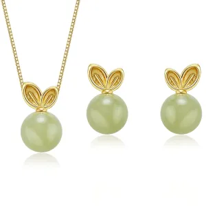 Natural Hetian Jade Jewelry Set for Women, Lucky Green Jade Gold Rabbit Charm Pendant Necklace Stud Earrings, Handmade Chain Jewelry for Mom Lover Her (925 Sterling Silver with Gold Plated)