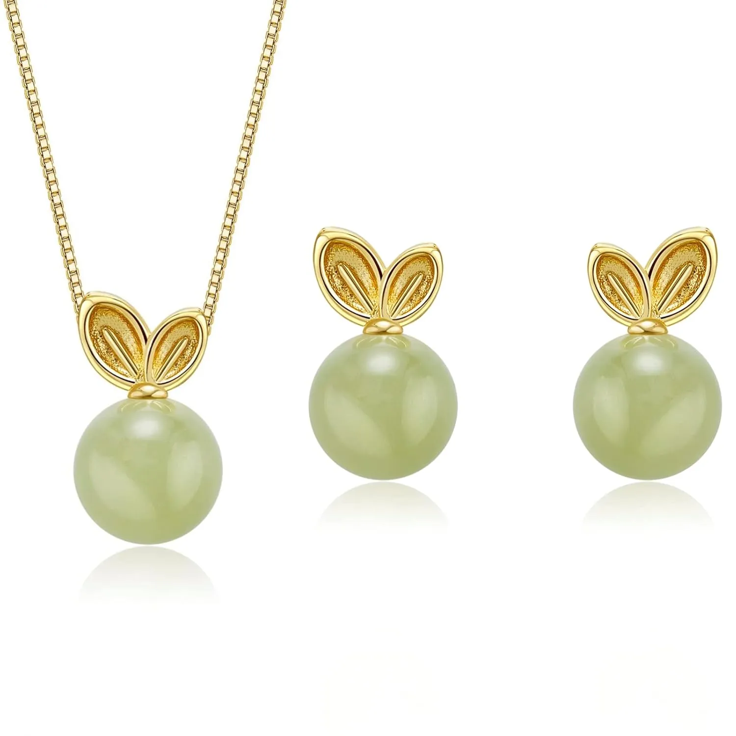 Natural Hetian Jade Jewelry Set for Women, Lucky Green Jade Gold Rabbit Charm Pendant Necklace Stud Earrings, Handmade Chain Jewelry for Mom Lover Her (925 Sterling Silver with Gold Plated)