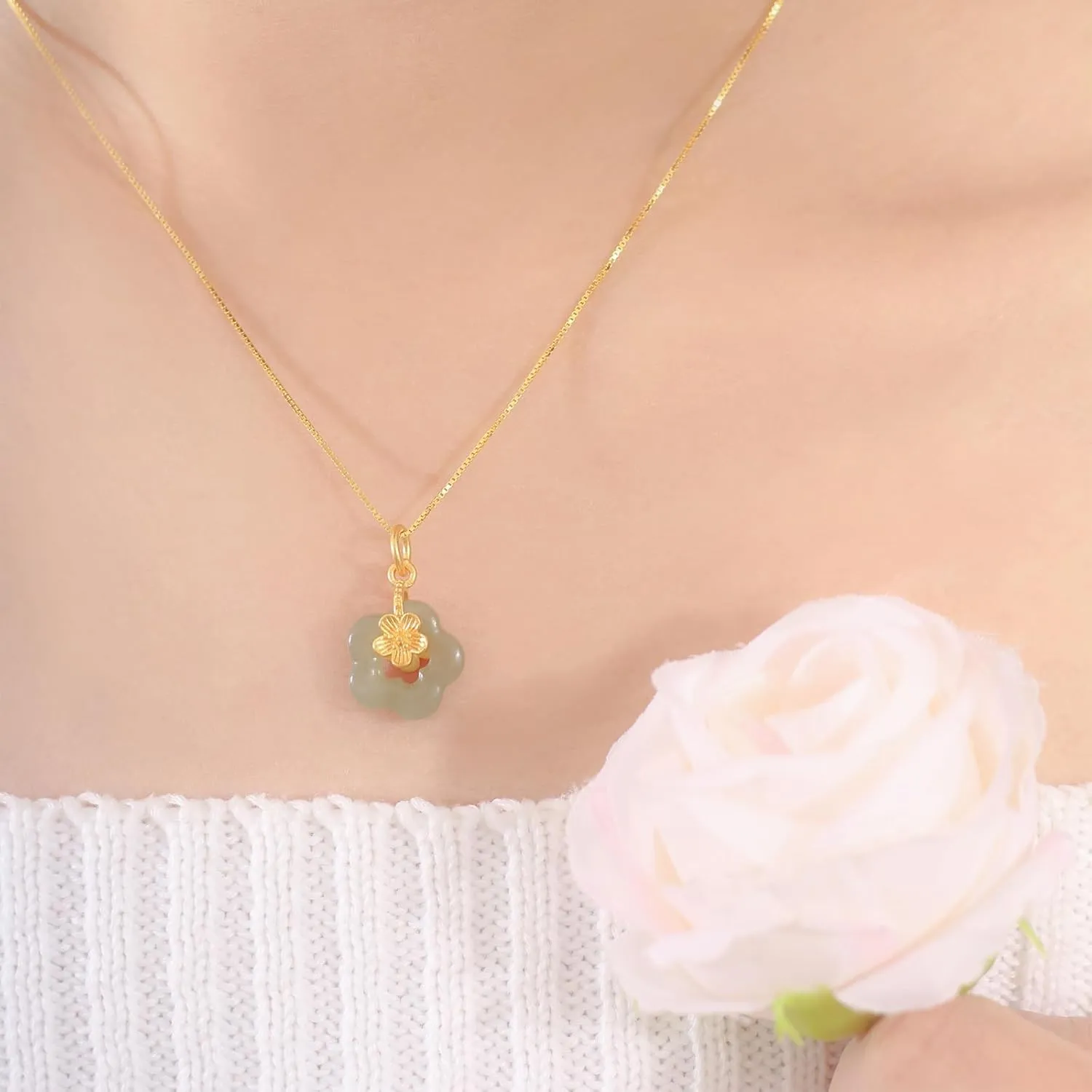 Natural Hetian Jade Necklace for Women, Dainty Cyan Green Jade Flower Charm Pendant Adjustable Choker Necklace Jewelry Chain for Mom Lover Her (925 Sterling Silver with Gold Plated)