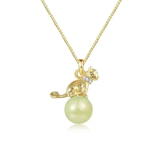 Natural Hetian Jade Necklace for Women, Dainty Green Jade Cat Animal Charm Pendant Adjustable Choker Necklace Jewelry Chain Gift for Mom Lover Her (925 Sterling Silver with Gold Plated)