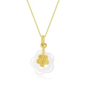 Natural Hetian Jade Necklace for Women, Dainty White Jade Flower Charm Pendant Adjustable Choker Necklace Jewelry Chain Gift for Mom Lover Her (925 Sterling Silver with Gold Plated)