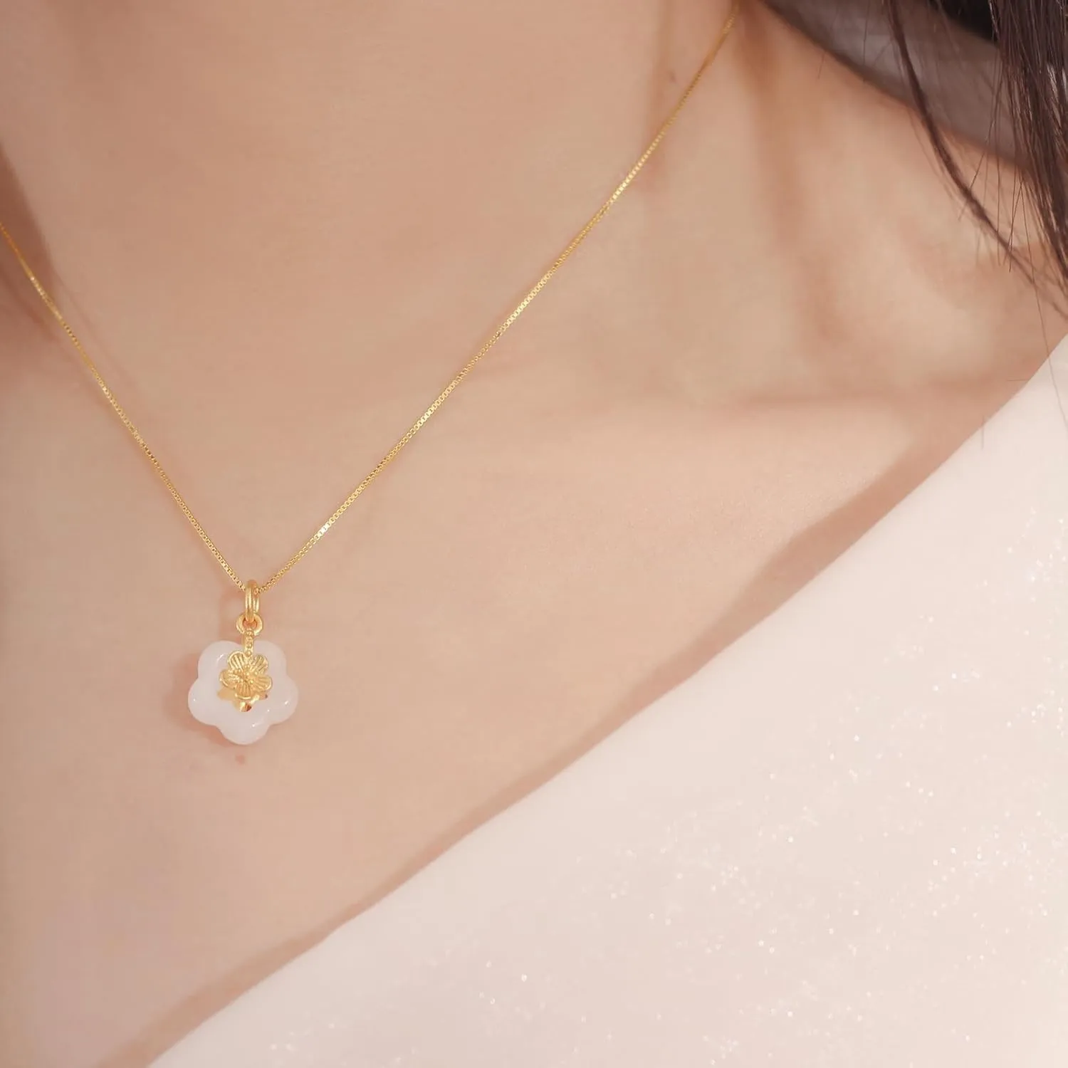 Natural Hetian Jade Necklace for Women, Dainty White Jade Flower Charm Pendant Adjustable Choker Necklace Jewelry Chain Gift for Mom Lover Her (925 Sterling Silver with Gold Plated)