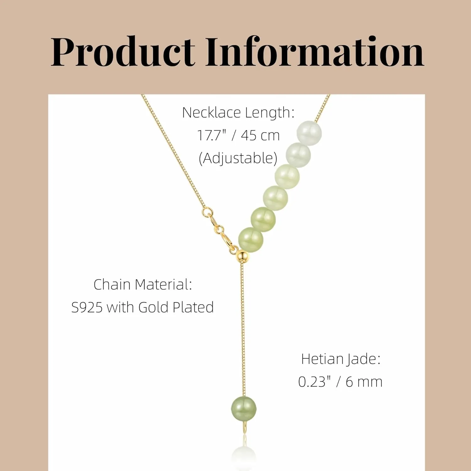 Natural Hetian Jade Necklace for Women, Lucky Gradient Green Jade Beaded Choker Jewelry Chain, Y Shaped Adjustable Elegant Necklace for Mom Lover Her (925 Sterling Silver with Gold Plated)