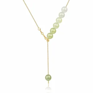 Natural Hetian Jade Necklace for Women, Lucky Gradient Green Jade Beaded Choker Jewelry Chain, Y Shaped Adjustable Elegant Necklace for Mom Lover Her (925 Sterling Silver with Gold Plated)