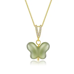 Natural Hetian Jade Necklace for Women, Small Carved Butterfly Pendant Necklace Green Exquisite and Delicate Jewelry Chain for Her Gift (925 Sterling Silver with Real Gold Plated)