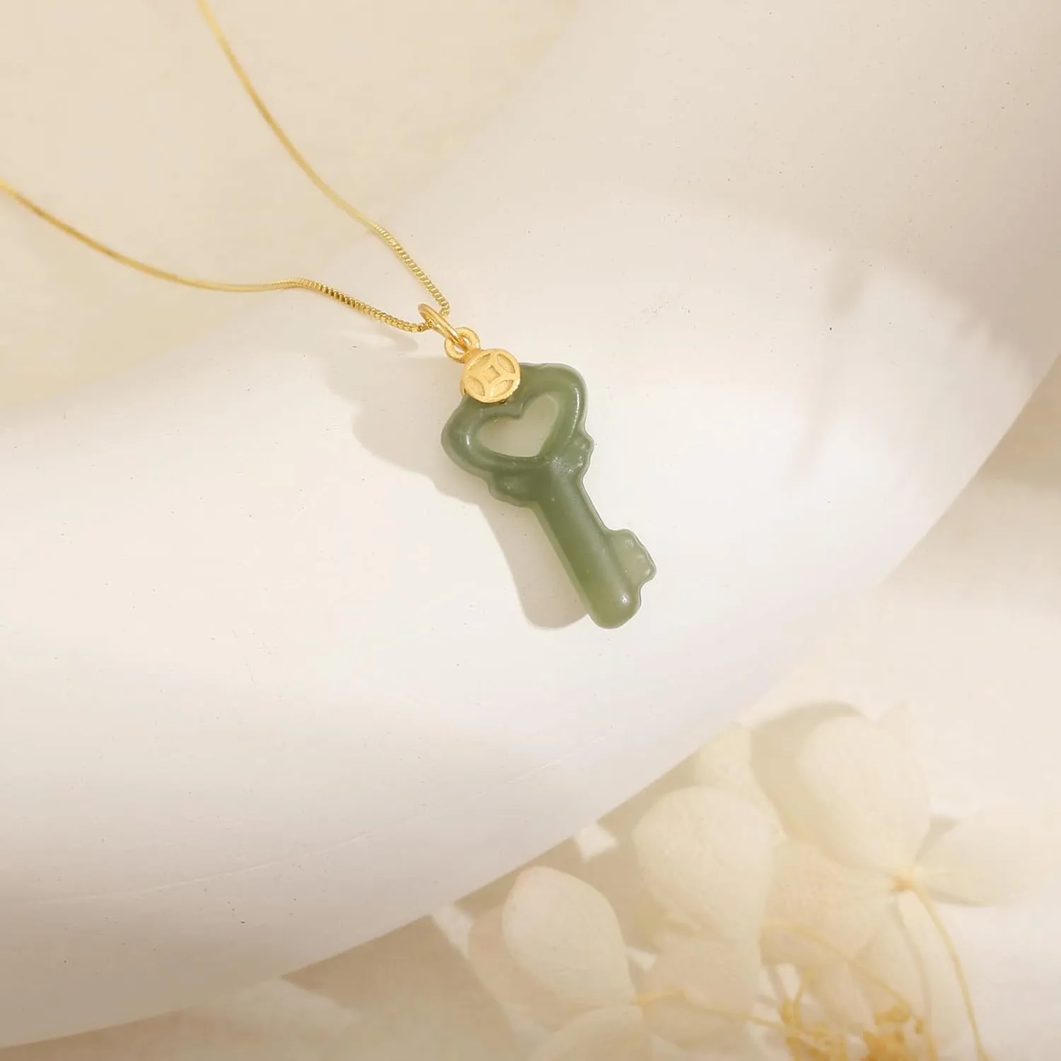 Natural Hetian Jade Necklace, Key Shaped Jade Pendant Jewelry Chain for Women, Lucky Green Jade Handmade Jewelry Gifts for Mom Lover Girls Her (925 Sterling Silver with Gold Plated)