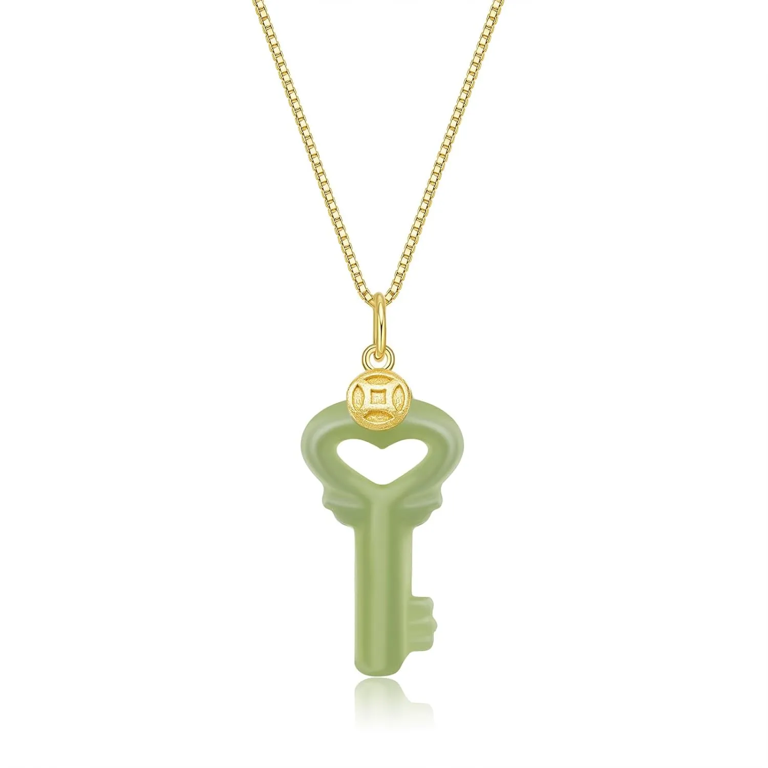 Natural Hetian Jade Necklace, Key Shaped Jade Pendant Jewelry Chain for Women, Lucky Green Jade Handmade Jewelry Gifts for Mom Lover Girls Her (925 Sterling Silver with Gold Plated)